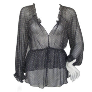 REBECCA TAYLOR Sheer Blouse, 4, Ruffle neck/cuffs, Polka Dots,  Blue-gray/Taupe